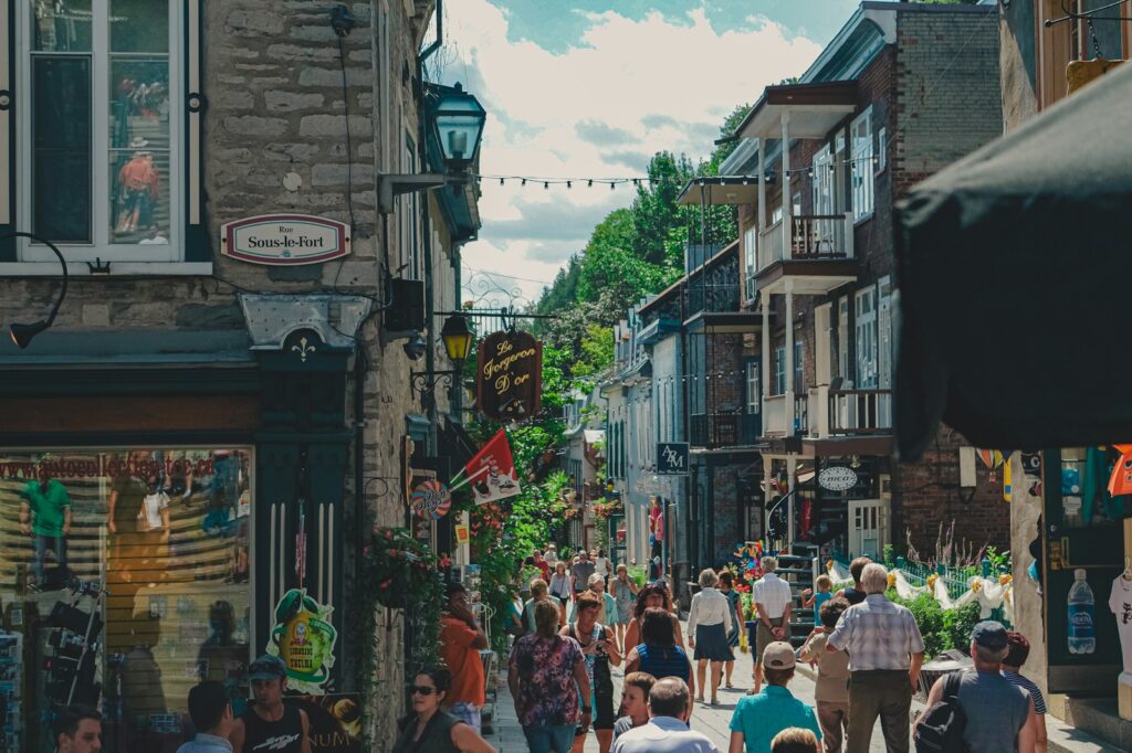 A busy city street filled with people.