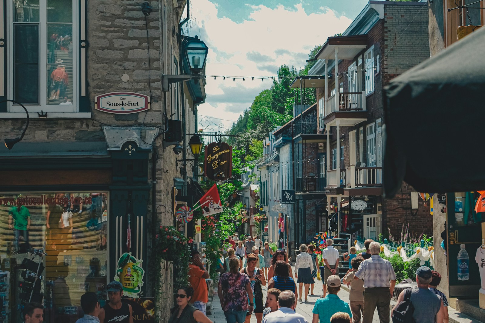 A busy city street filled with people.