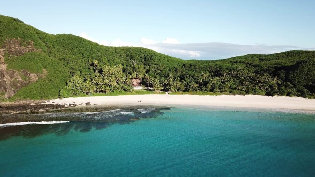 a beach with trees and a hill in the background