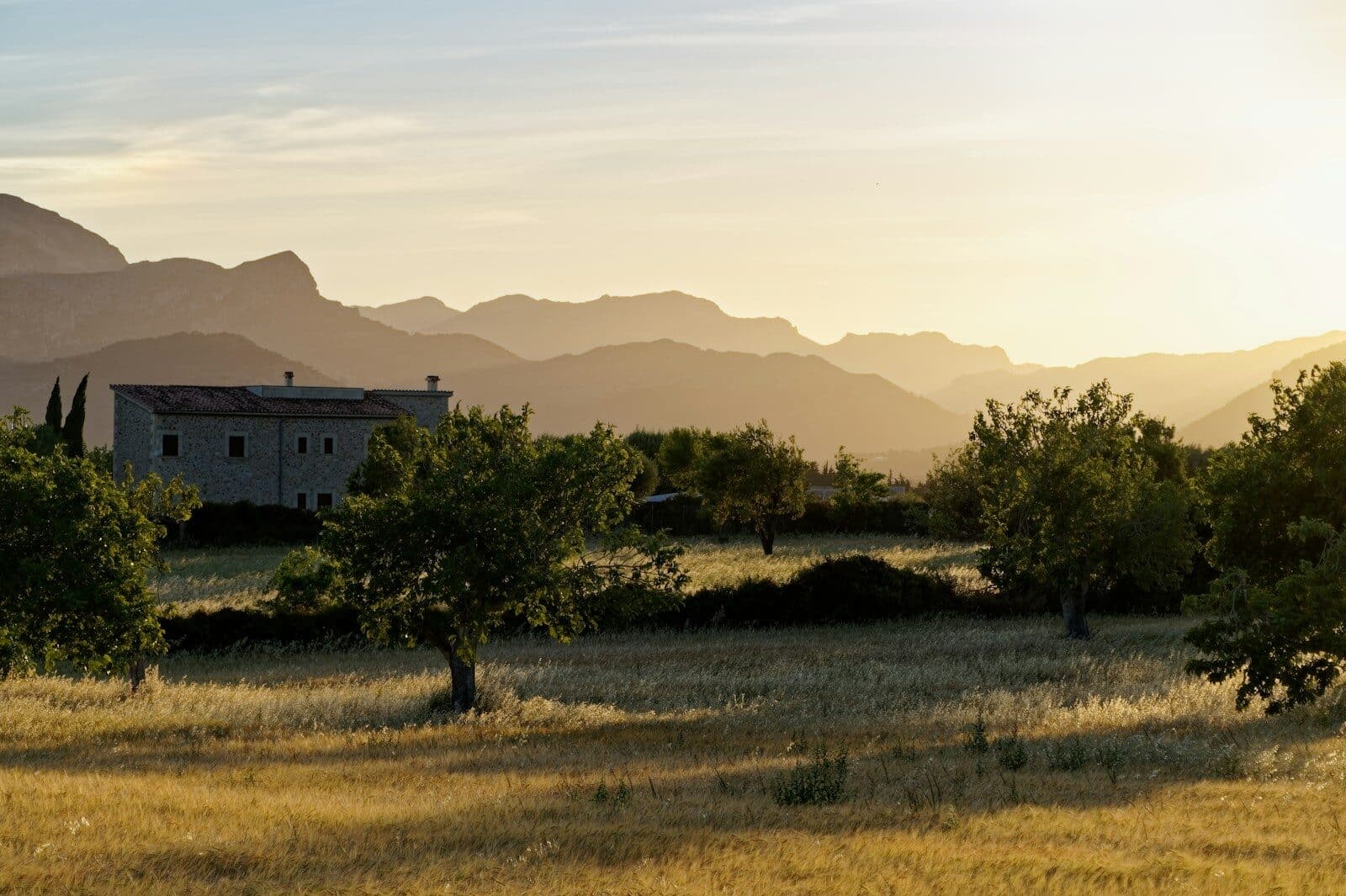 a house in a field with mountains in the background