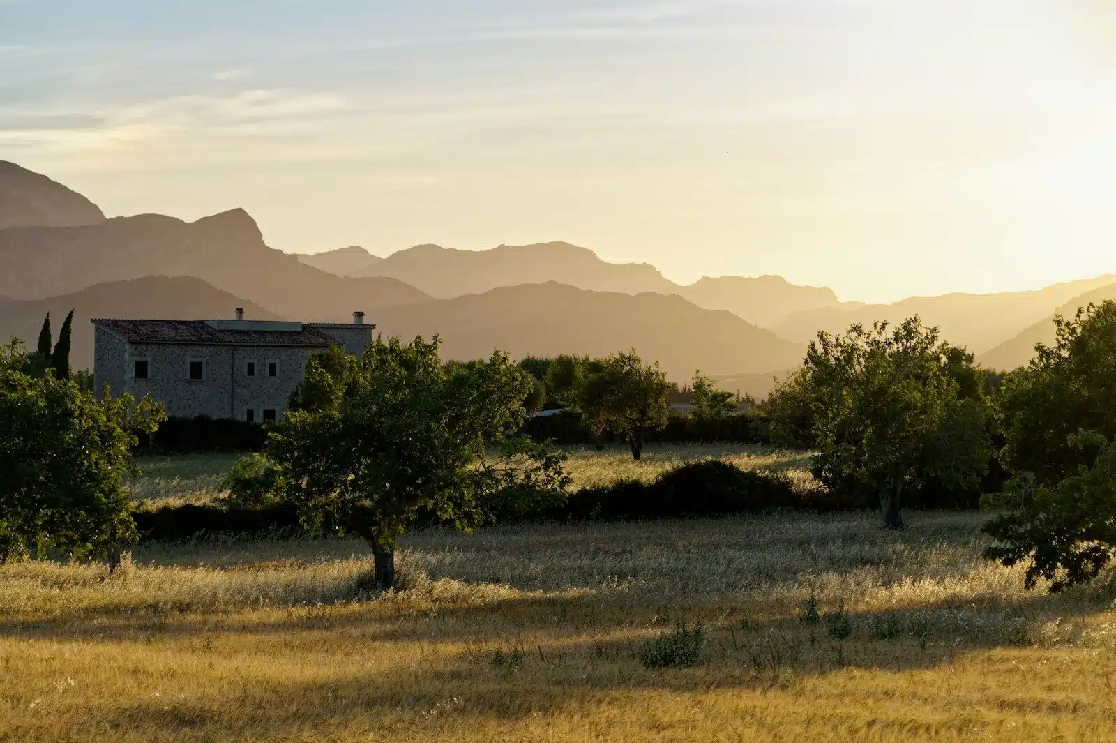 a house in a field with mountains in the background
