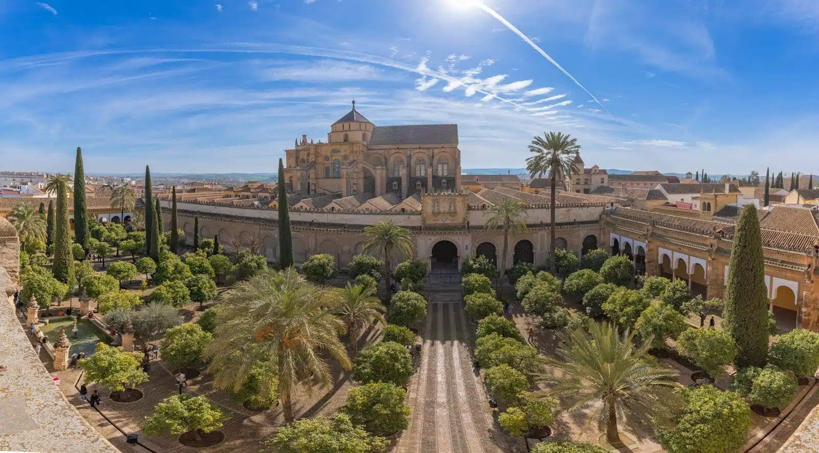 an aerial view of a building in a park