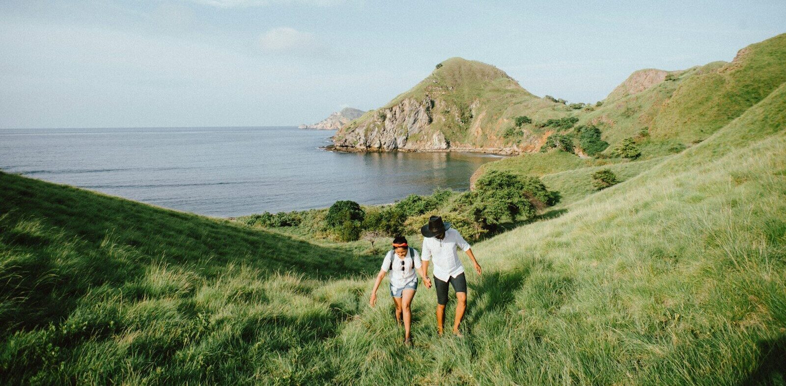 landscape photo of couple walking on green grass