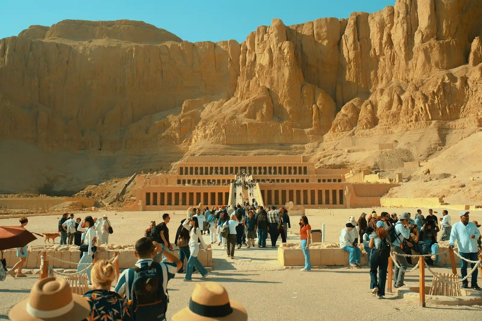 Tourists visit the ancient hatshepsut temple in a desert landscape