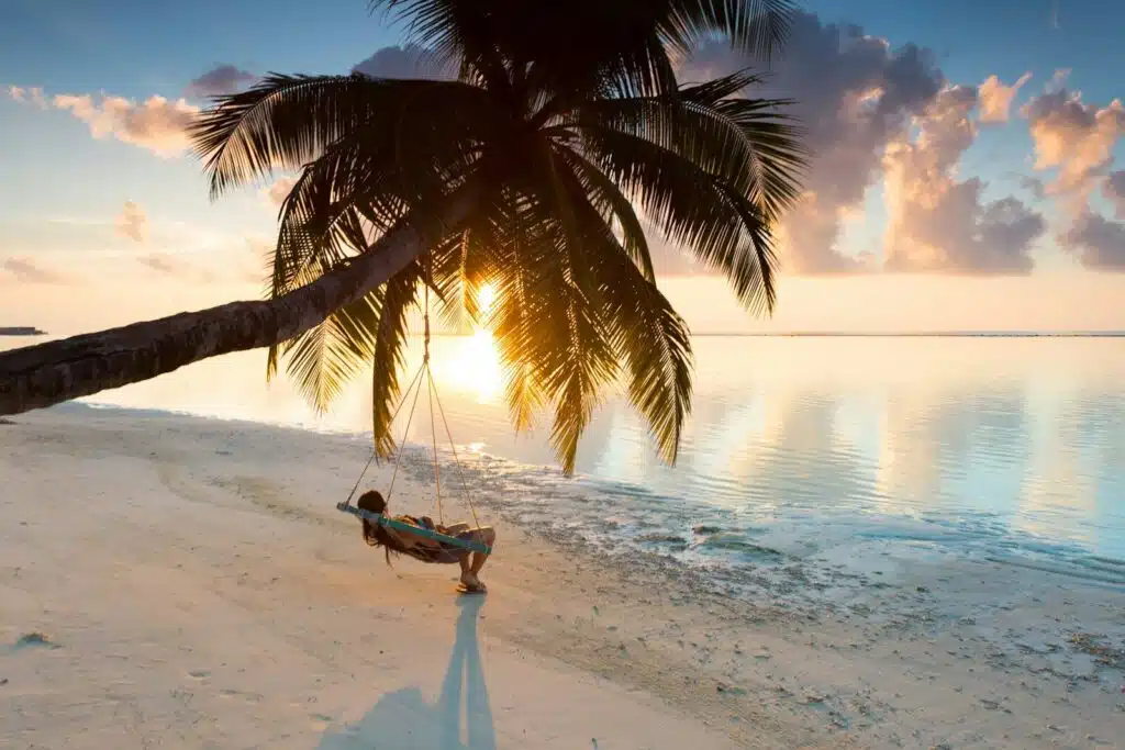 Palm tree swing on a beach in the Maldives at sunset